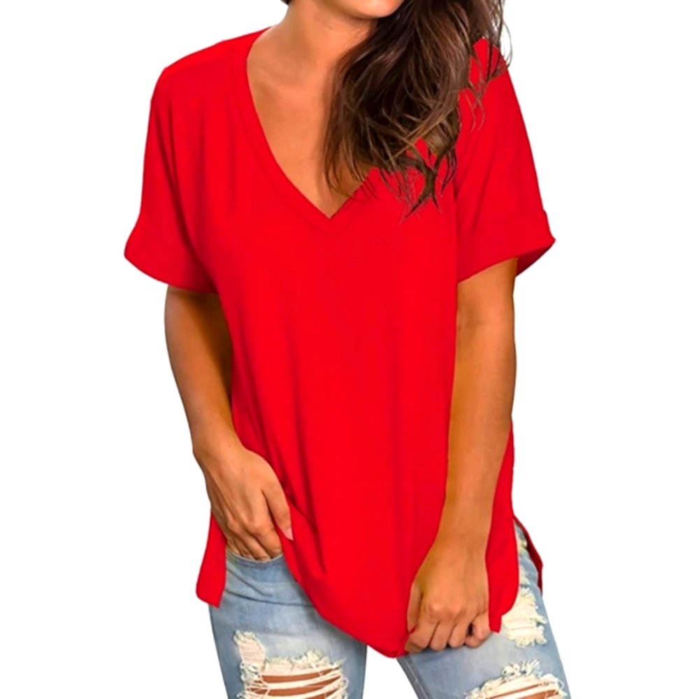 NEW Beautiful V-neckline Red Rolled Sleeve Side Slit Tunic/Top Women's Size L